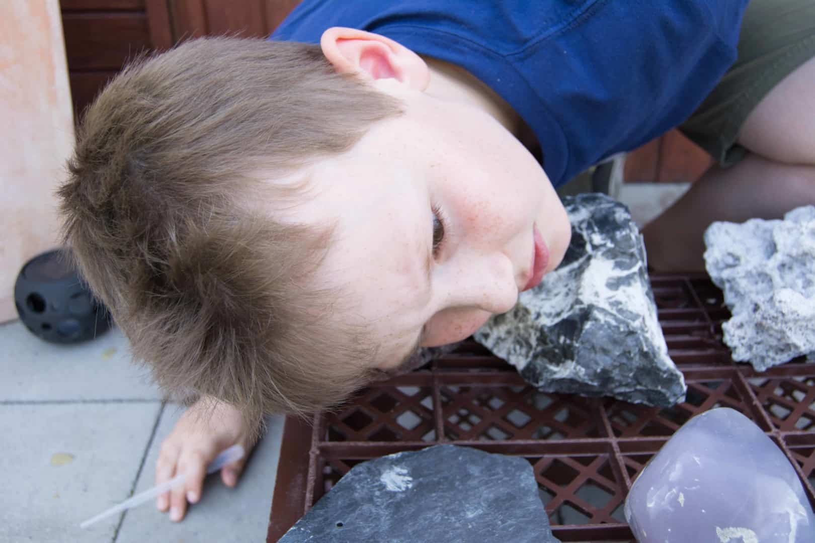 DSC 0107 Junge legt den Kopf dicht an einen schwarz-weißen Stein und lauscht, ob die Essigessenz zischt.