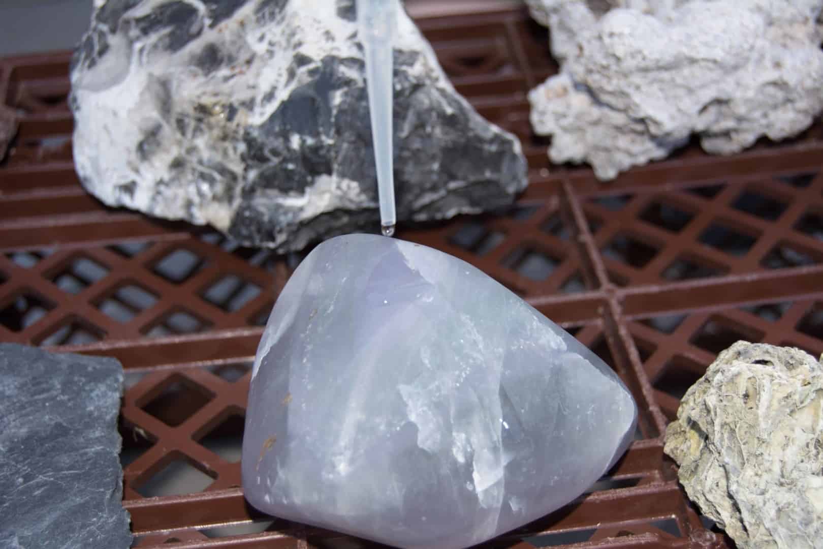 DSC 0121 Pipette über einem glatten, hellvioletten Stein auf der Gitterkiste, der als Nächstes auf Kalk geprüft wird.