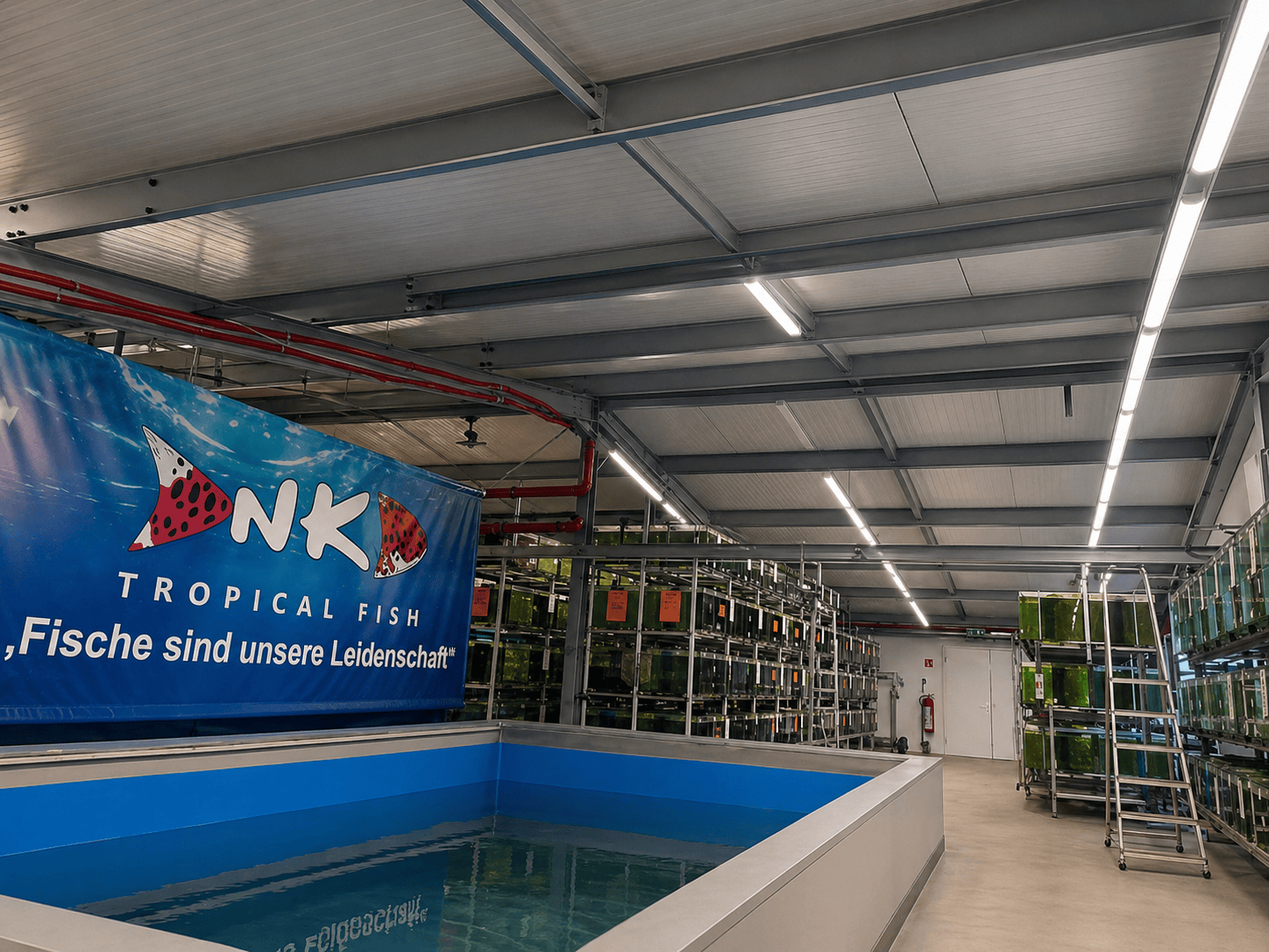 Großhandelsanlage von NK Tropical Fish in Bebertal mit Hälterungsbecken und Banner „Fische sind unsere Leidenschaft“