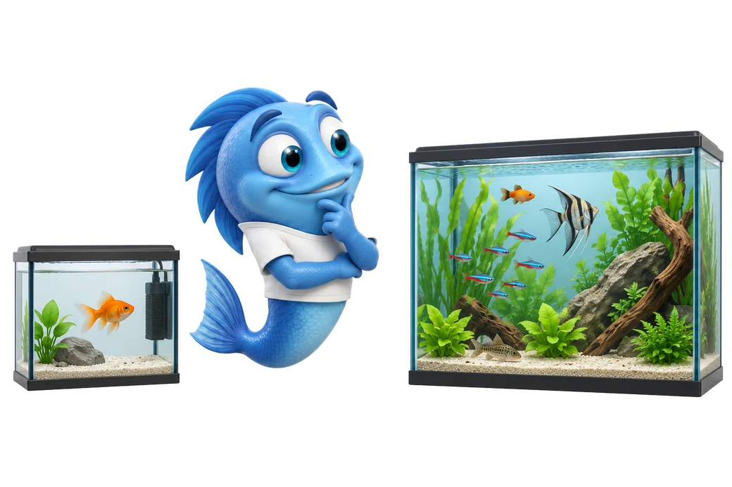 Mr. Fishy vergleicht ein kleines Aquarium mit einem großen, bepflanzten Becken bei der Wahl der richtigen Beckengröße.