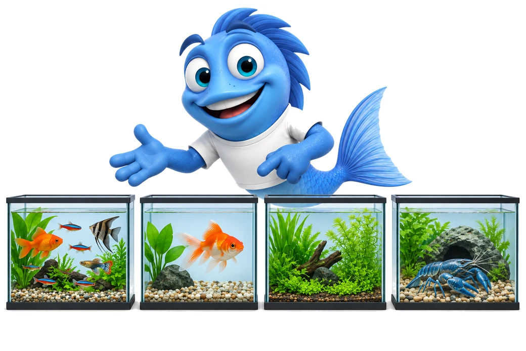 Mr. Fishy zeigt vier Aquarientypen nebeneinander: Gesellschaftsaquarium, Artaquarium, Pflanzenaquarium und Krebsaquarium.