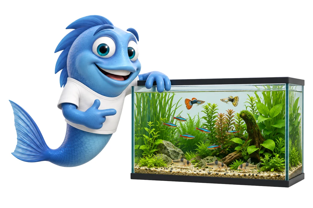 Mr. Fishy lehnt an einem Gesellschaftsaquarium, in dem verschiedene Süßwasserfische zwischen Wasserpflanzen schwimmen.