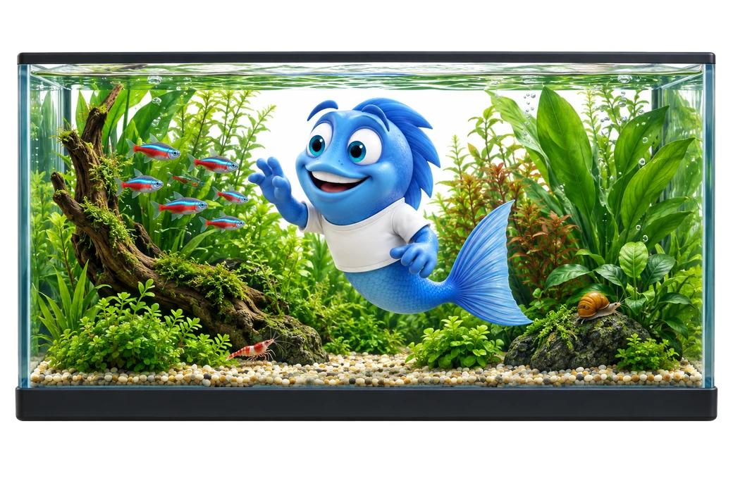 Mr. Fishy schwimmt in einem dicht bepflanzten Pflanzenaquarium mit Wurzel, Moos und Neonsalmlern.