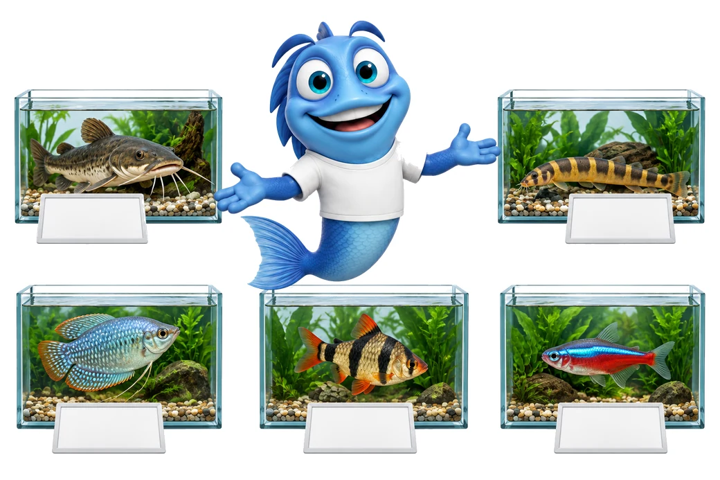 Mr. Fishy stellt fünf Fischgruppen in kleinen Becken vor: Wels, Schmerle, Fadenfisch, Sumatrabarbe und Neonsalmler.
