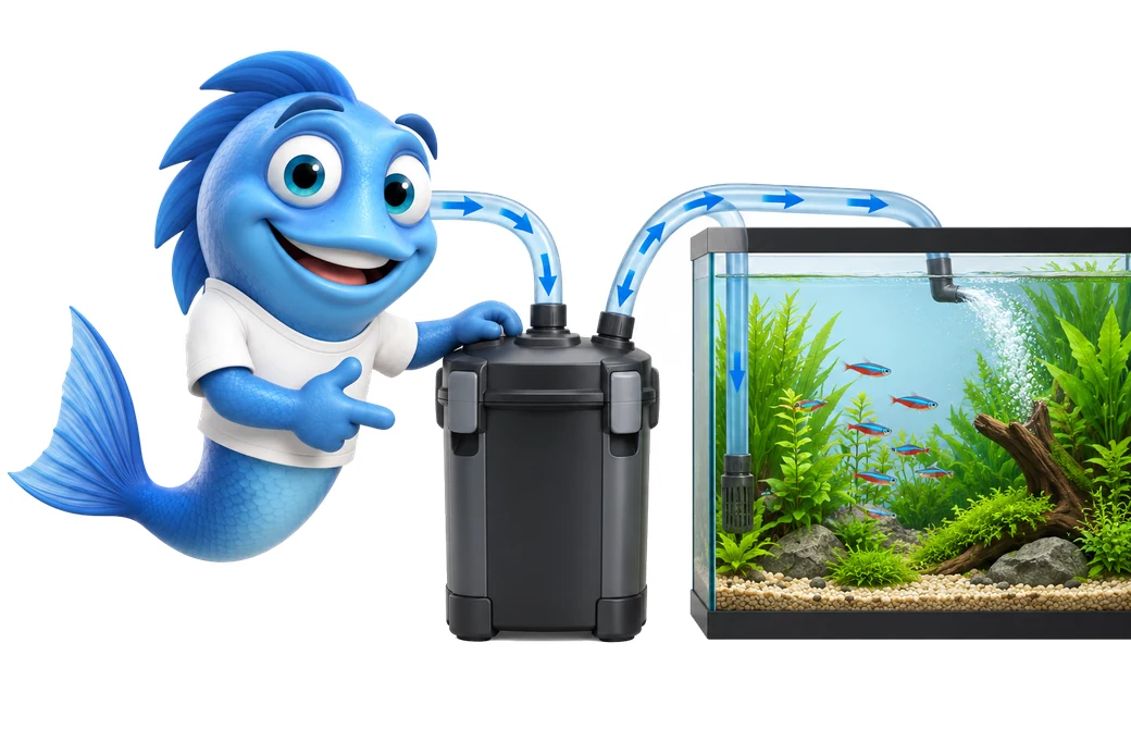 Mr. Fishy zeigt einen Außenfilter, der Wasser aus dem Aquarium ansaugt, reinigt und zurückpumpt.