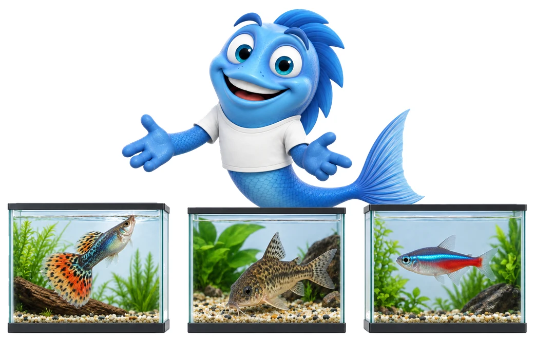 Mr. Fishy zeigt drei Fische mit unterschiedlicher Maulform in eigenen Becken: Guppy, Panzerwels und Neonsalmler.