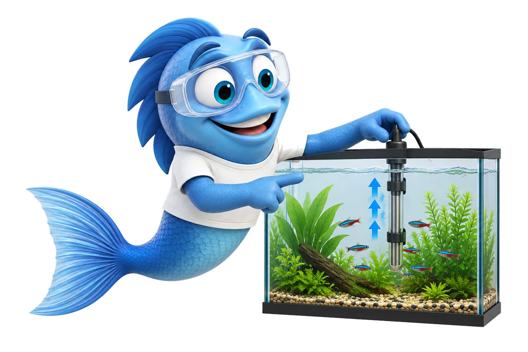 Mr. Fishy mit Schutzbrille zeigt am Aquarium, wie das warme Wasser vom Heizer nach oben steigt.
