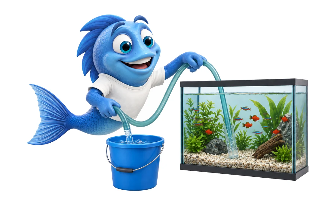 60464 mr fishy wasserwechsel Mr. Fishy saugt beim Wasserwechsel mit einem Schlauch altes Aquarienwasser in einen Eimer ab.