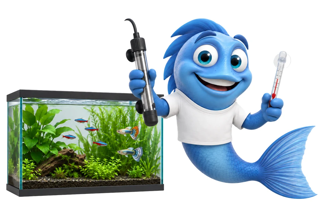Mr. Fishy hält Heizstab und Thermometer neben einem bepflanzten Aquarium mit Neonsalmlern und Guppys.