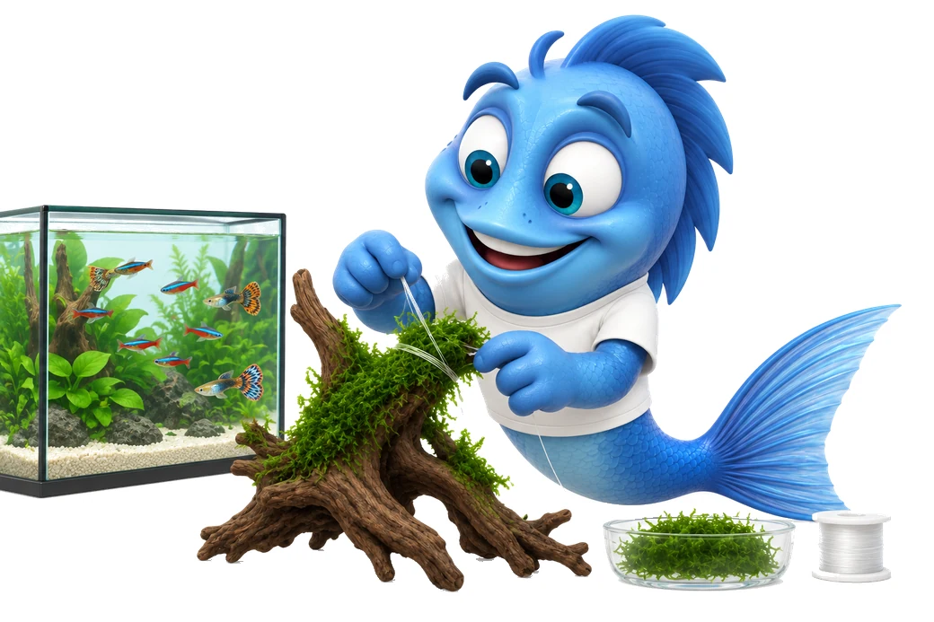 Mr. Fishy befestigt Moos an einer Wurzel.