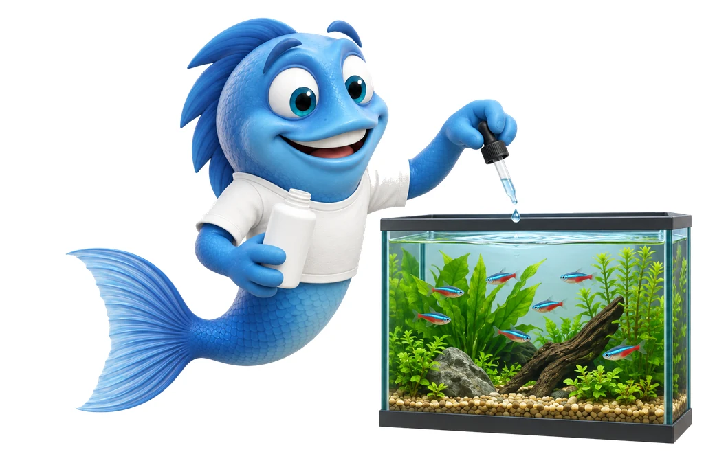 Mr. Fishy tropft mit einer Pipette Wasseraufbereiter in ein Aquarium mit Neonsalmlern.