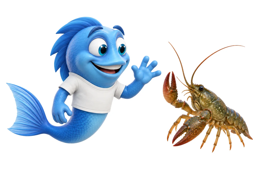 Mr. Fishy winkt einem Süßwasserkrebs zu, wie er im Aquarium gehalten wird.