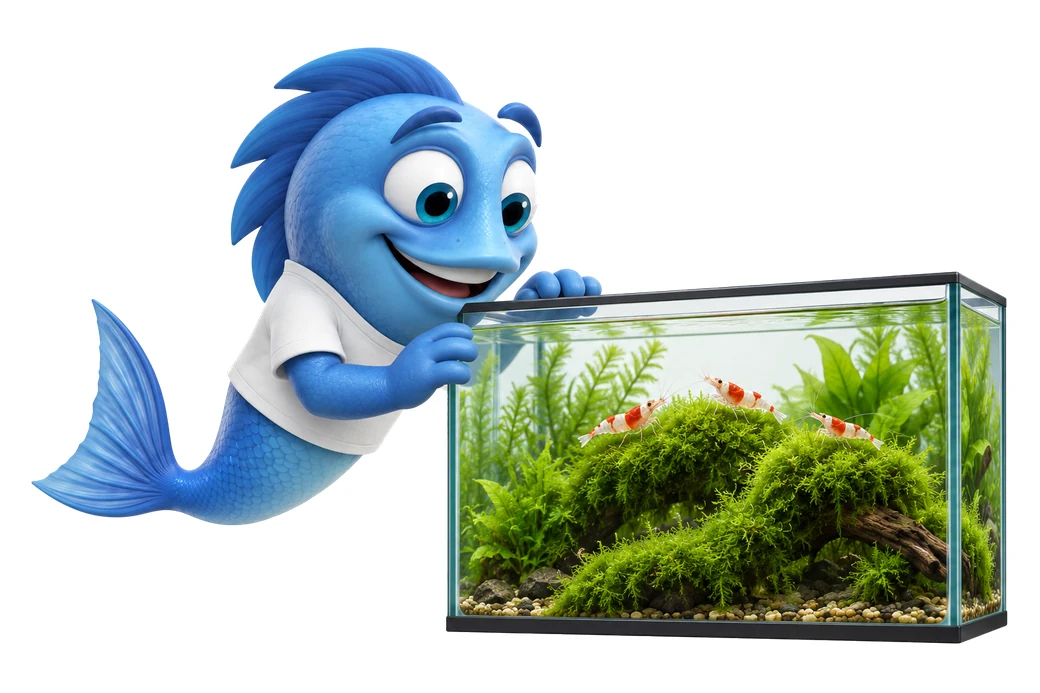Mr. Fishy schaut in ein Garnelenaquarium mit roten Zwerggarnelen auf Moos.