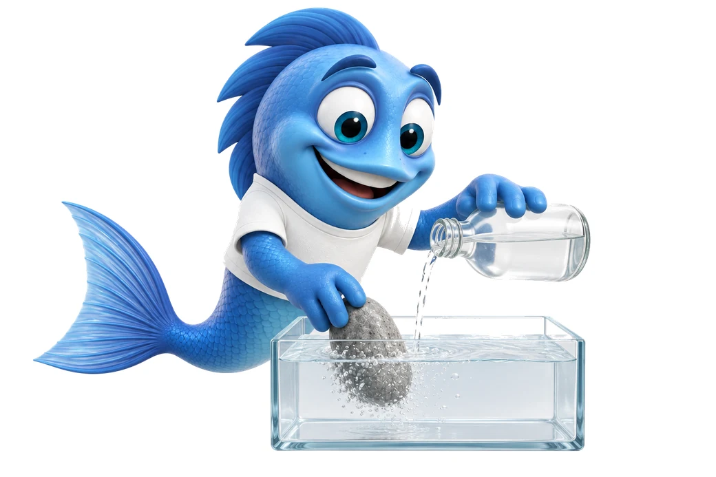 Mr. Fishy testet einen Stein mit einer Flüssigkeit, um zu prüfen, ob er das Aquarienwasser aufhärtet.