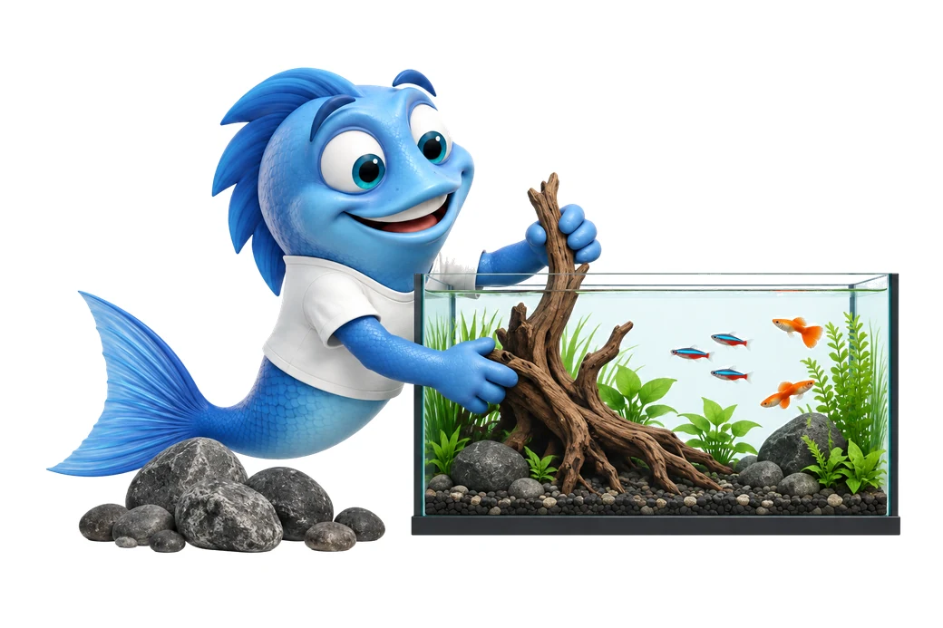 75754 mr fishy dekoration Mr. Fishy setzt eine Wurzel als Dekoration in ein Aquarium, davor liegen Steine.