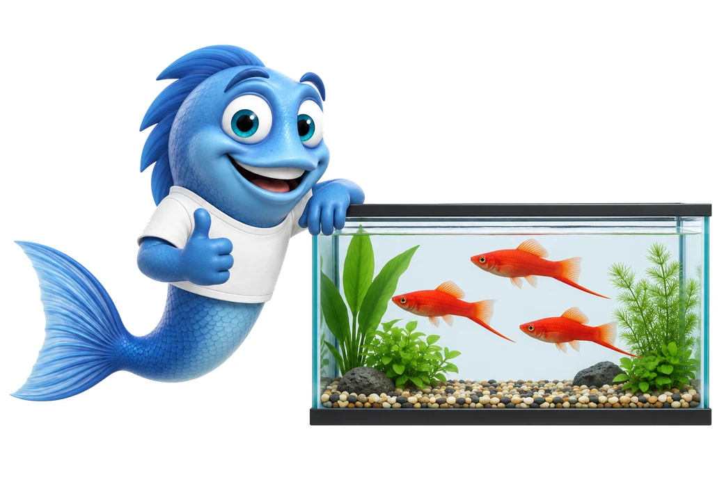 Mr. Fishy zeigt ein Artaquarium, in dem nur rote Schwertträger leben.