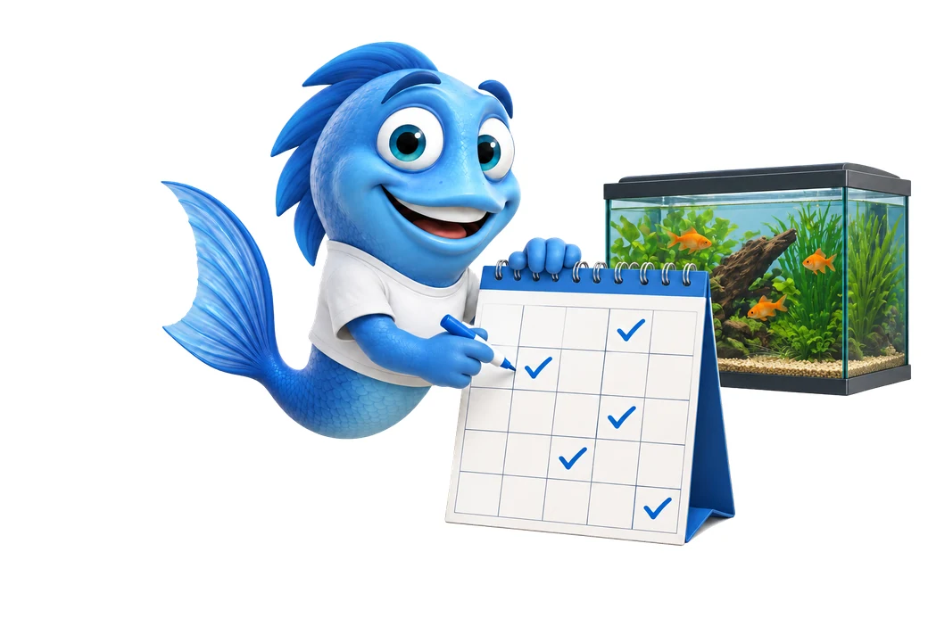 83828 mr fishy pflegezeit Mr. Fishy hakt auf einem Pflegekalender erledigte Aufgaben ab, dahinter ein Aquarium.