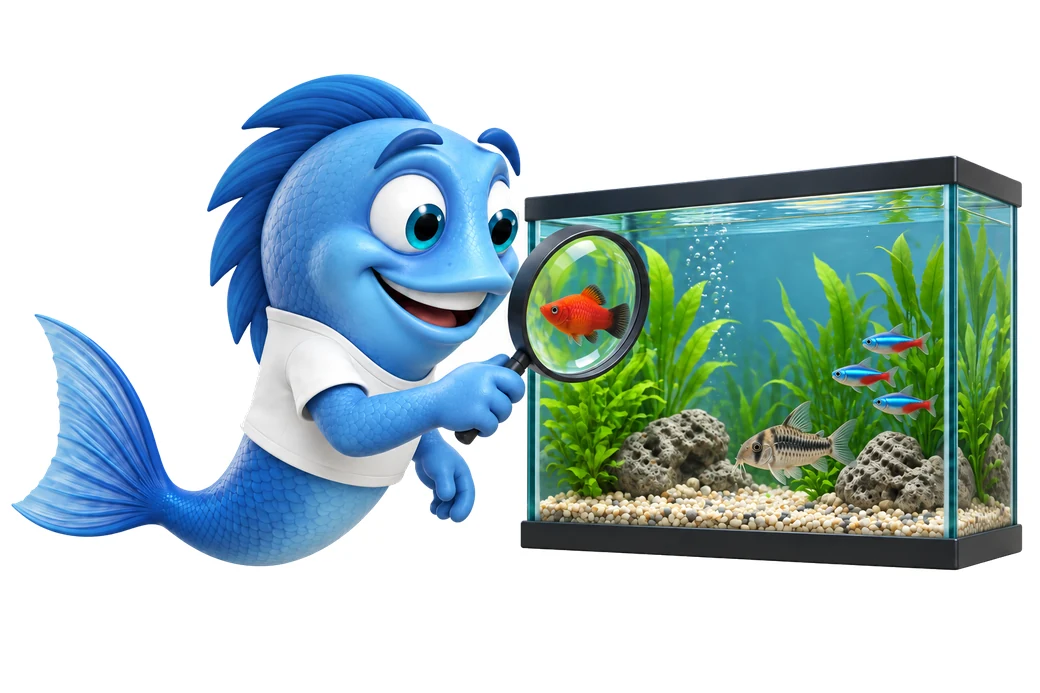Mr. Fishy prüft mit einer Lupe die Fische im Händlerbecken, um gesunde Fische zu kaufen.