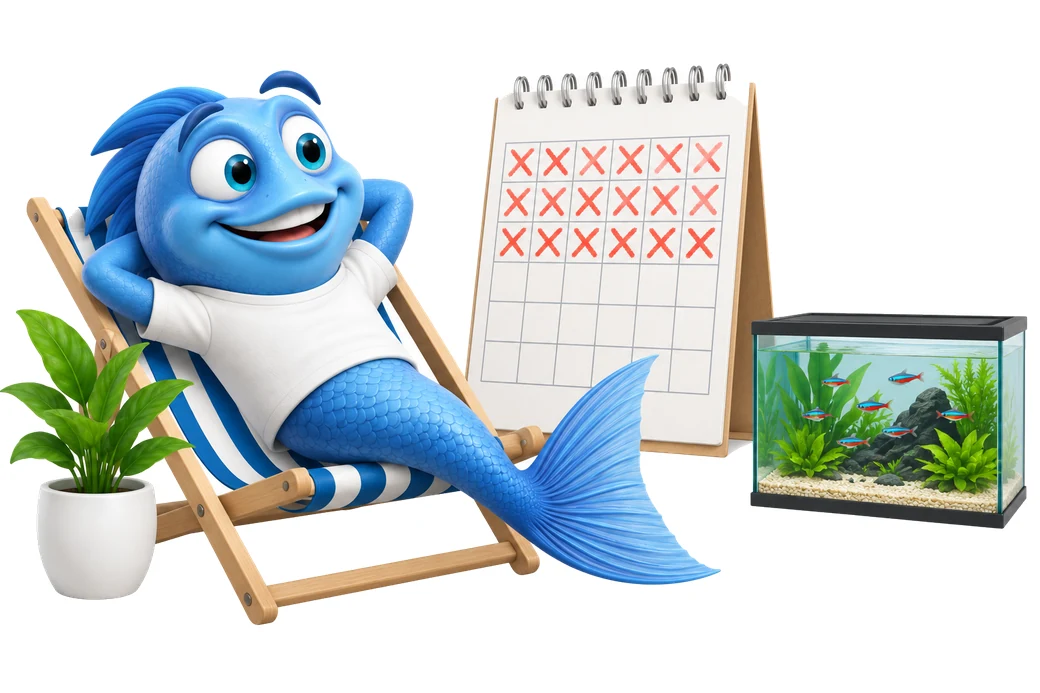 Mr. Fishy wartet im Liegestuhl neben einem Kalender mit abgekreuzten Tagen, bis die Einlaufphase vorbei ist.