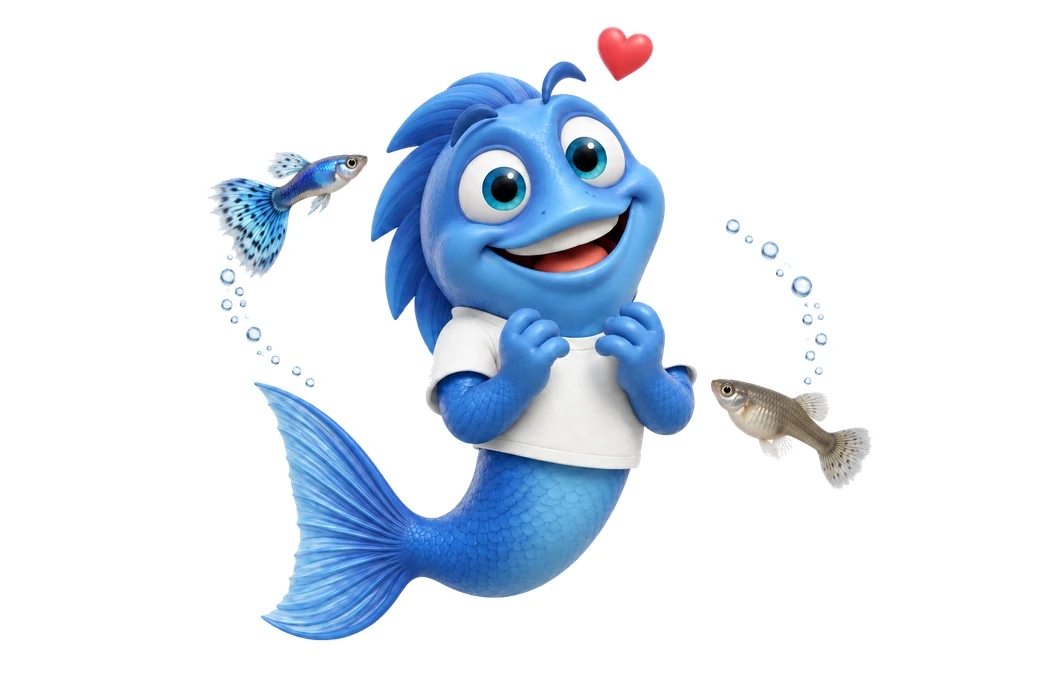 Mr. Fishy freut sich über ein Guppy-Paar bei der Balz, über ihm ein Herz.