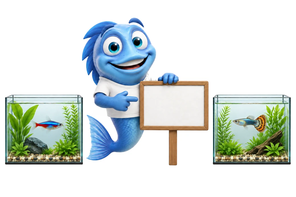 Mr. Fishy steht mit einem Grenzschild zwischen zwei Aquarien und erklärt, wie Fische Reviere bilden.