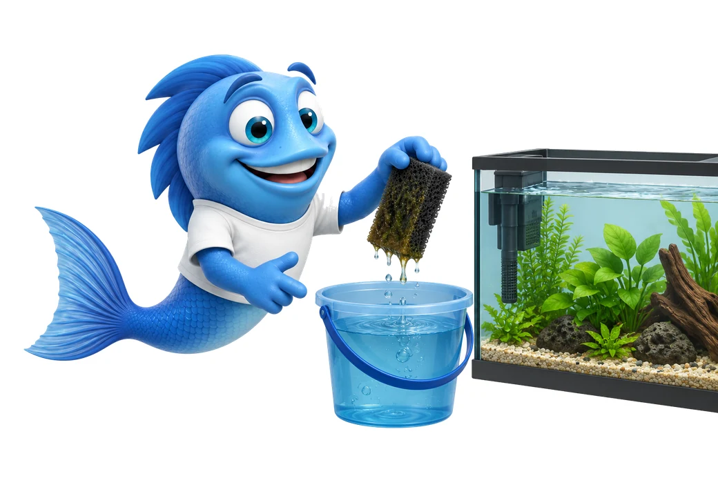 Mr. Fishy wäscht einen verschmutzten Filterschwamm über einem Eimer mit Aquarienwasser aus.