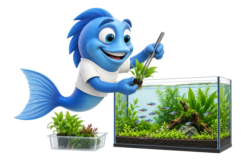 Mr. Fishy mit Pflanzenbüschel und Pinzette.