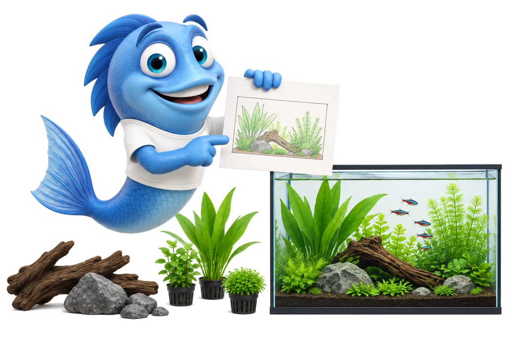 Mr. Fishy zeigt eine Skizze der Pflanzenanordnung.