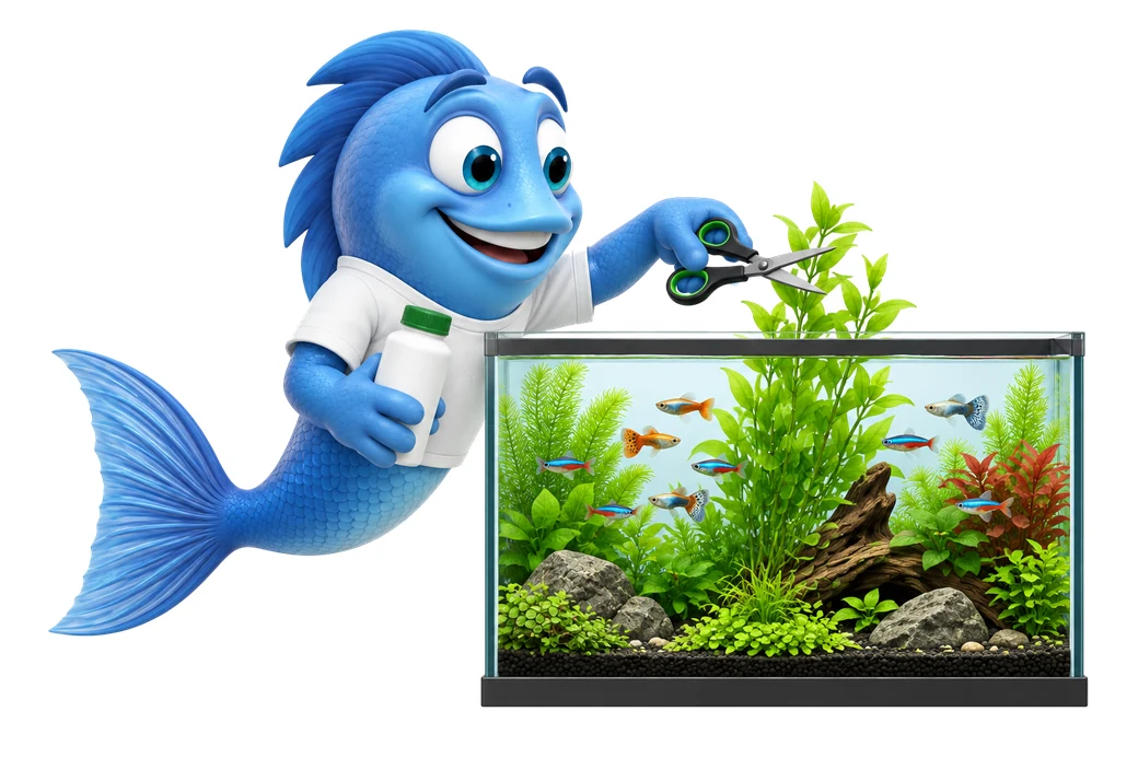 Mr. Fishy mit Pflanzenschere und Düngerflasche.