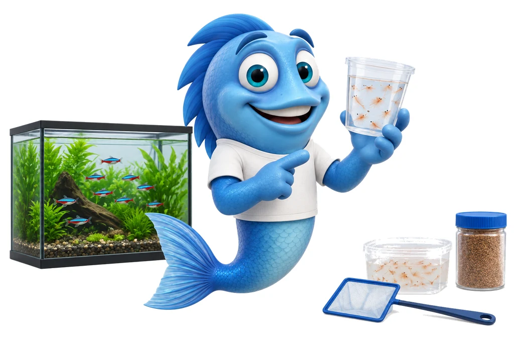 Mr. Fishy zeigt einen Becher mit Artemia-Urzeitkrebsen, daneben Artemia-Eier, Kescher und ein Aquarium.