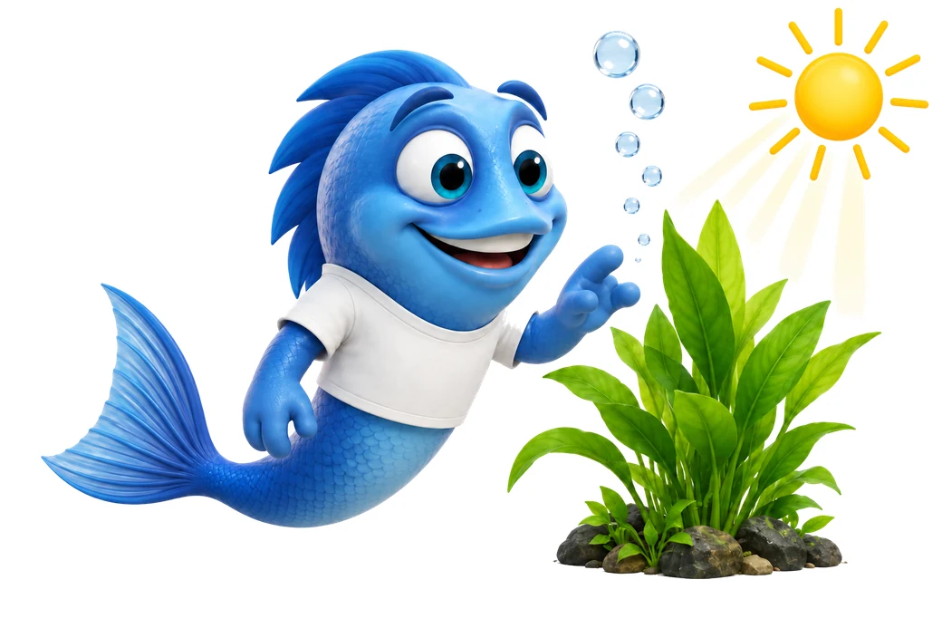 Mr. Fishy neben Wasserpflanze, Sonne und Sauerstoffblasen.