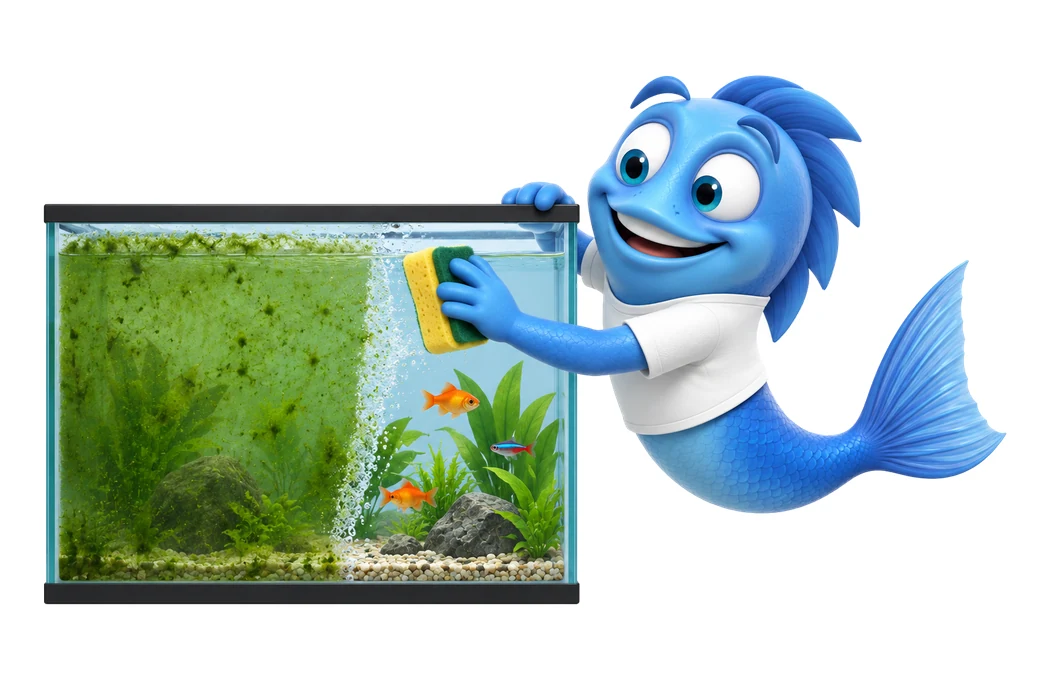 87231 mr fishy algen Mr. Fishy putzt mit einem Schwamm Algen von der Scheibe eines grün veralgten Aquariums.