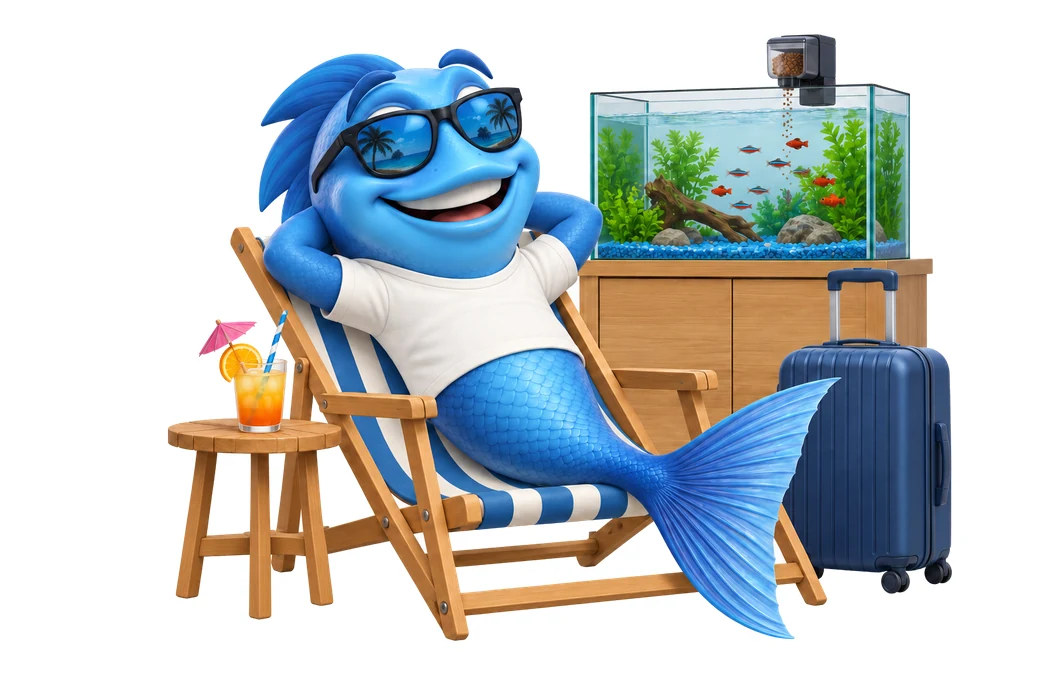 88171 mr fishy urlaub Mr. Fishy entspannt im Urlaub im Liegestuhl, während ein Futterautomat am Aquarium die Fische versorgt.