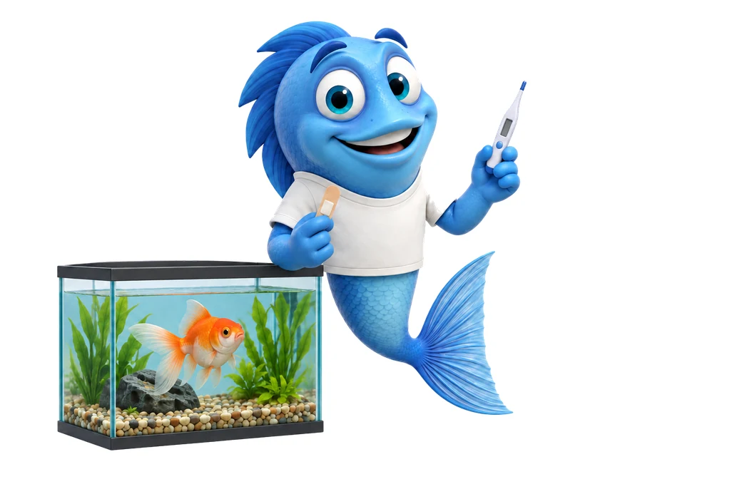 89183 mr fishy fische krank Mr. Fishy mit Thermometer und Pflaster neben einem Aquarium mit einem Goldfisch.