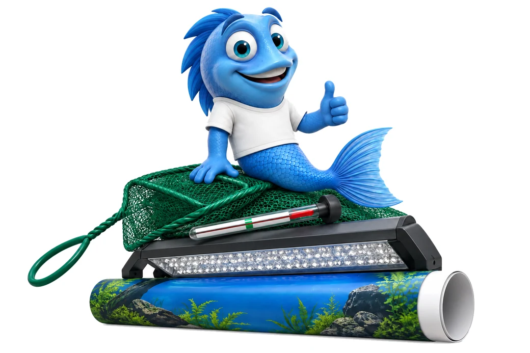 Mr. Fishy sitzt auf Aquarienzubehör: Kescher, Heizstab, Aquarienlampe und Rückwandposter.