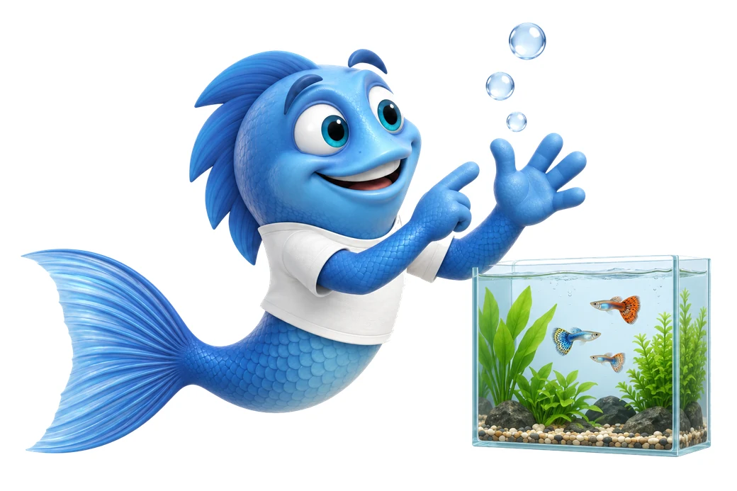 90461 mr fishy gashaushalt Mr. Fishy zeigt auf aufsteigende Luftblasen neben einem Aquarium mit Guppys.
