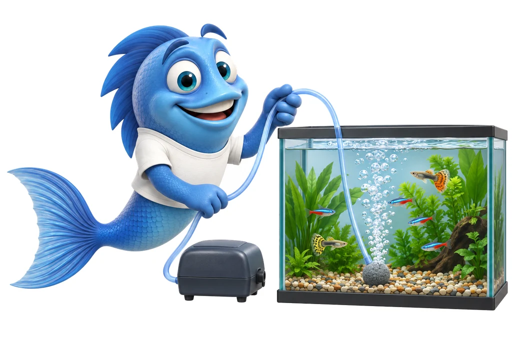 Mr. Fishy schließt eine Luftpumpe mit Schlauch und Ausströmerstein an ein Aquarium an.