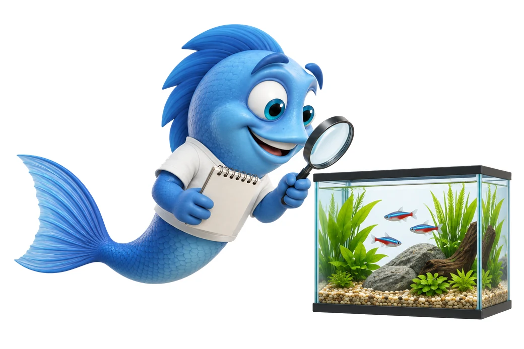 Mr. Fishy beobachtet mit Lupe und Notizblock die Fische im Aquarium, um Krankheiten früh zu erkennen.