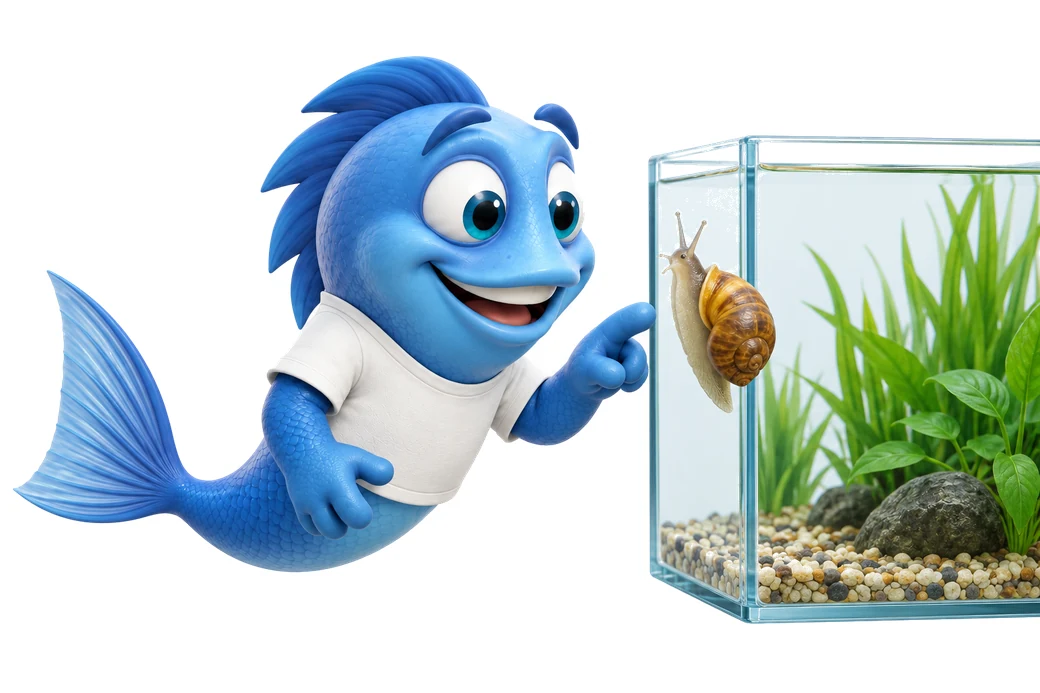 Mr. Fishy zeigt auf eine Schnecke, die an der Scheibe eines bepflanzten Aquariums klettert.