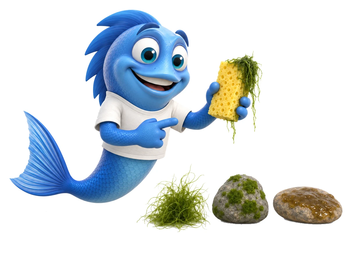 C03 mr fishy algen am schwamm Mr. Fishy zeigt einen Schwamm mit Fadenalgen, daneben Steine mit Algenbelag.