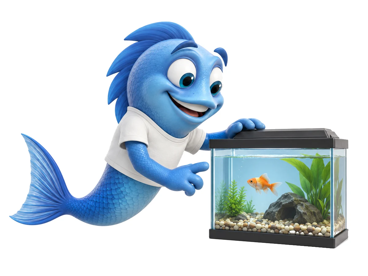 C04 mr fishy quarantaenebecken Mr. Fishy zeigt ein kleines Quarantänebecken mit einem einzelnen Goldfisch.