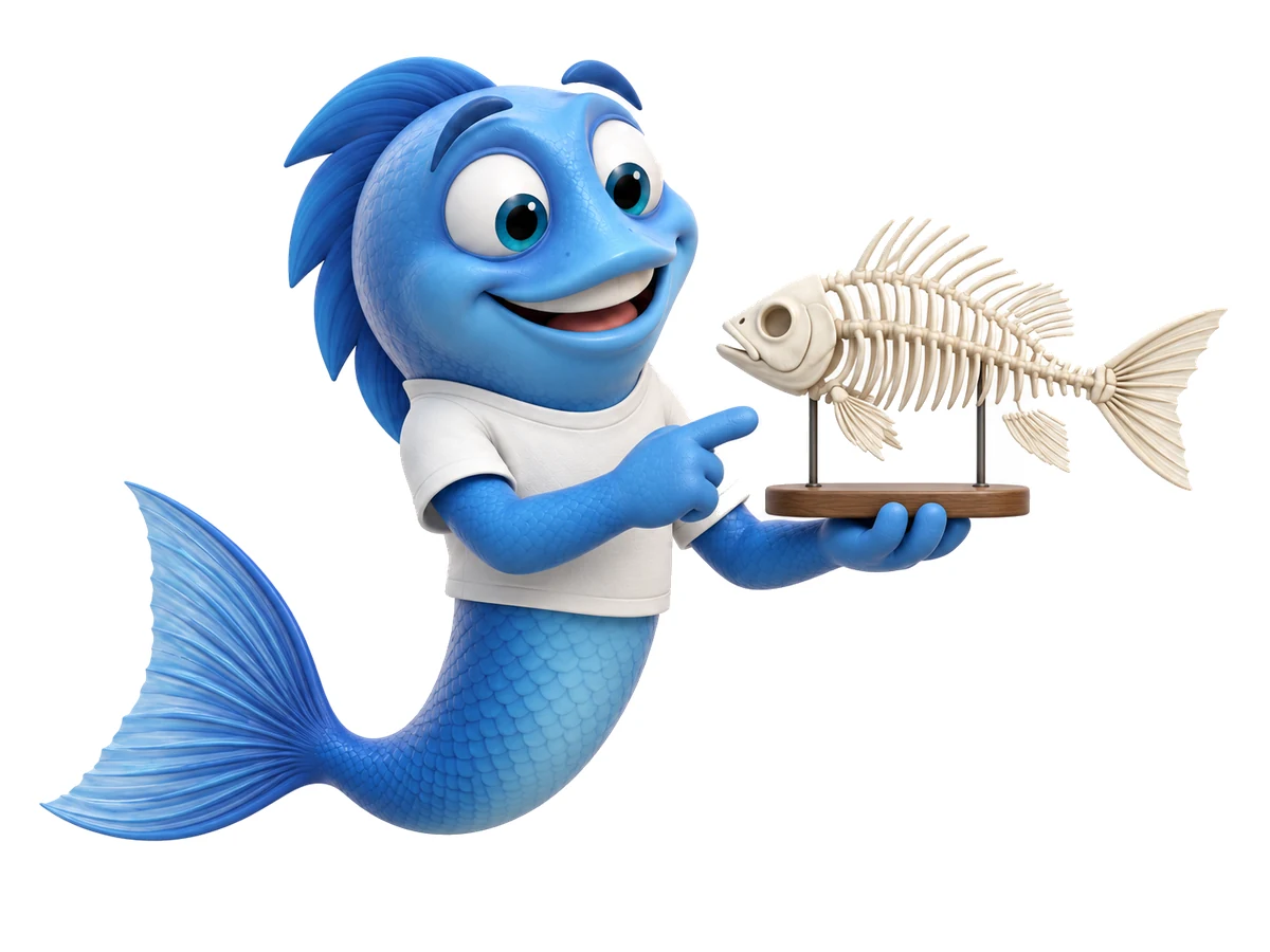 Mr. Fishy hält ein Modell eines Fischskeletts und erklärt den Körperbau der Fische.