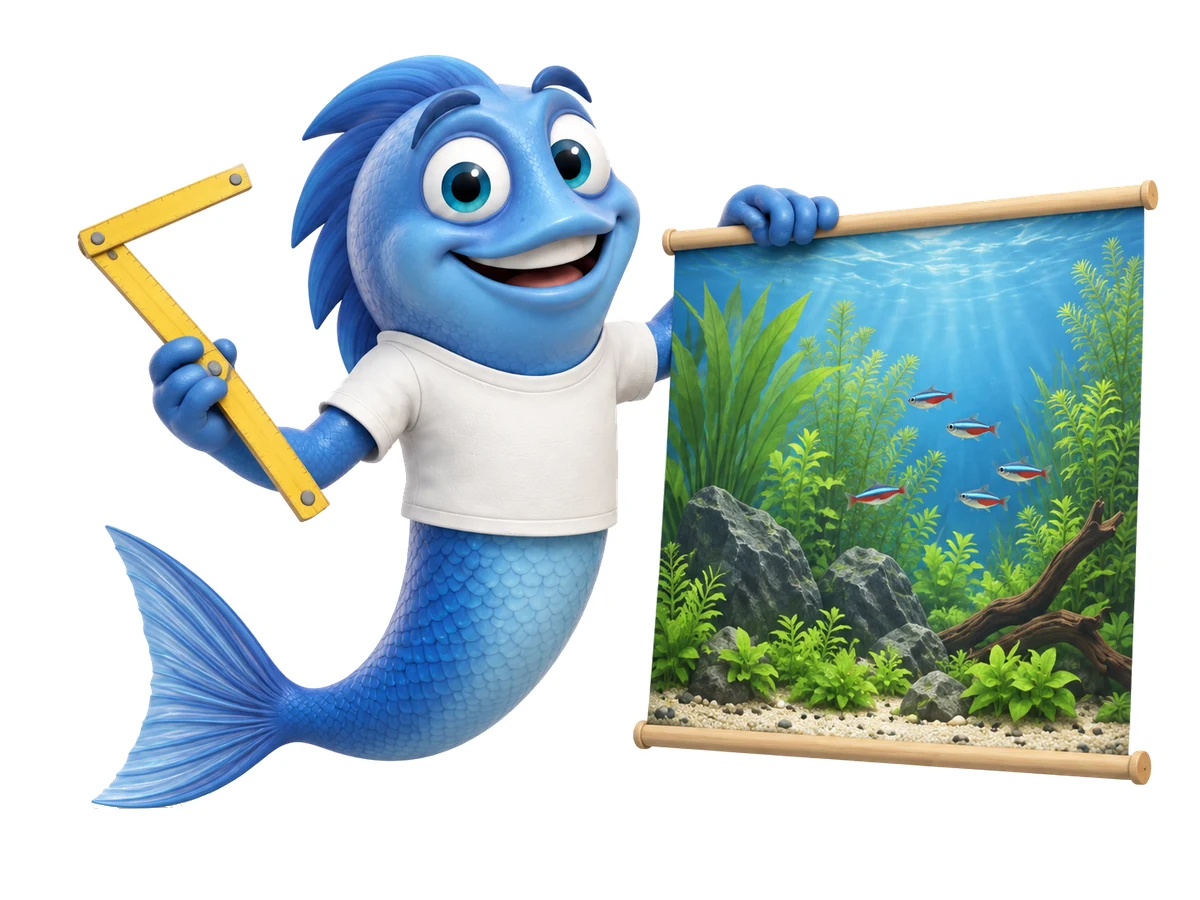 Mr. Fishy hält einen Zollstock und ein Rückwandposter mit Unterwasserlandschaft für das Aquarium.
