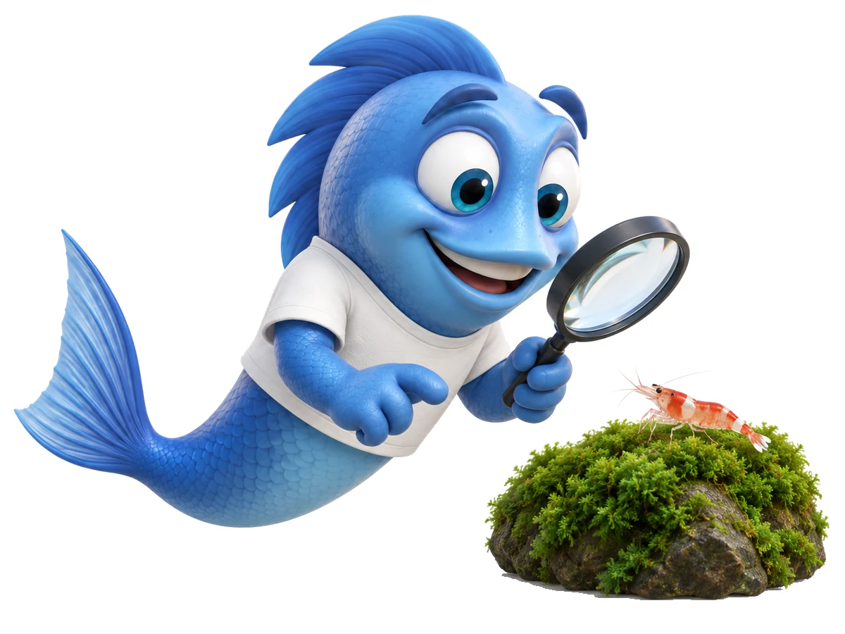 Mr. Fishy betrachtet mit einer Lupe eine kleine Garnele auf einem bemoosten Stein.