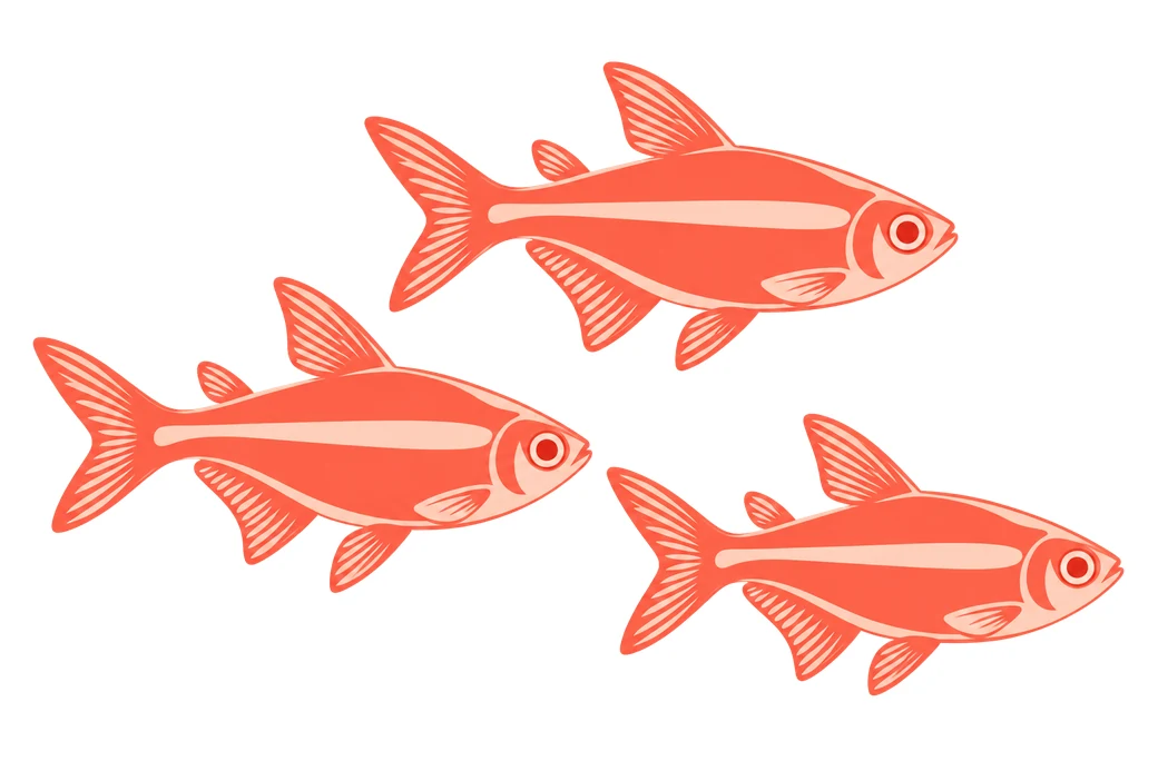 H08 icon kopf salmler Zeichnung dreier roter Salmler als Symbol für Salmler im Aquarium.