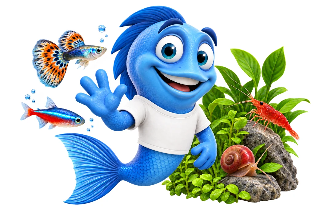 Mr. Fishy winkt neben kleinen Fischen, einer Garnele und einer Wasserschnecke.