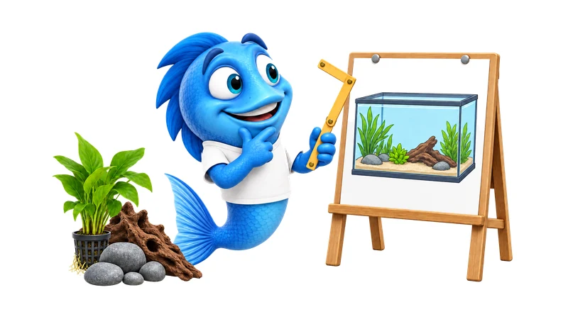 Mr. Fishy plant ein Aquarium mit einem Zollstock und einer Beckenskizze.