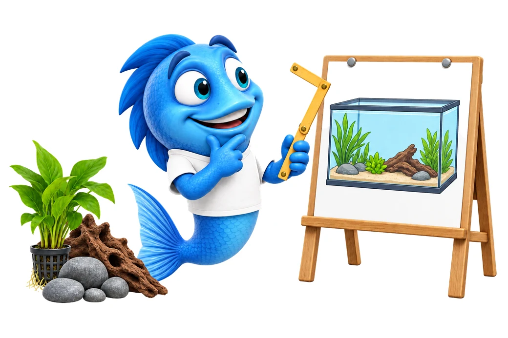 Mr. Fishy plant mit Zollstock und Skizze sein erstes Aquarium, daneben Pflanze, Wurzel und Steine.