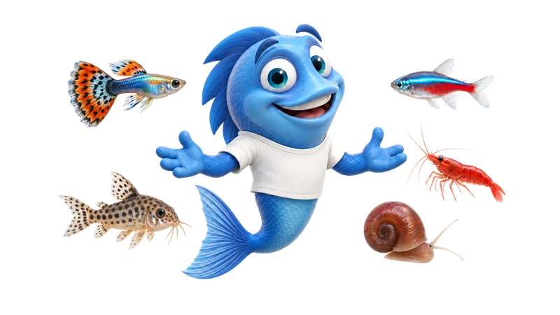 Mr. Fishy stellt Guppy, Neon, Panzerwels, Garnele und Wasserschnecke vor.