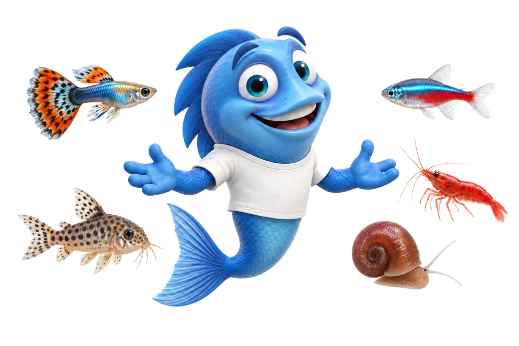 Mr. Fishy stellt typische Aquarienbewohner vor: Guppy, Neonsalmler, Panzerwels, Garnele und Schnecke.